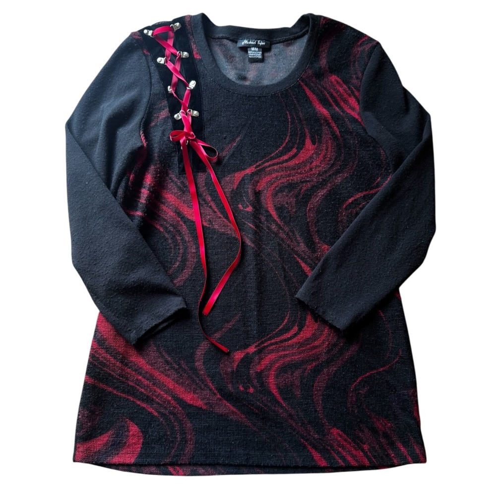 Michael Tyler Made in Canada Ribbon Lace-Up Top Black Red Swirl Long Sleeve Goth
